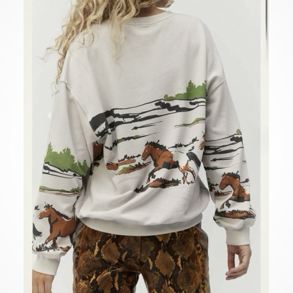 Daydreamer Free People Running Horses Oversized Crewneck Sweatshirt S Morn Fog - Picture 2 of 13